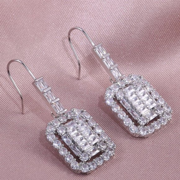 NEW Silver Baguette Round Diamond Drop Earrings 1 - Picture 5 of 6